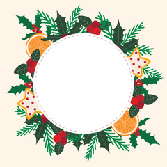 Round wreath with berries, leaves and holly. Festive round natural border with space for text. Christmas and New Year traditional frame template, vector graphic