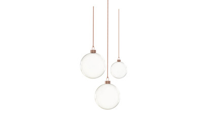 3 glass christmas balls transparent with copper fixture hanging from top 