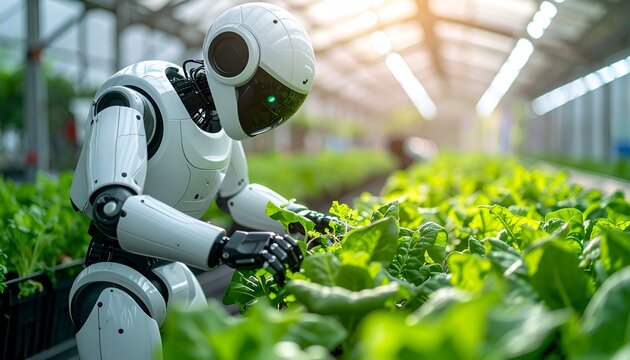 A humanoid robot tending to vibrant green plants in a modern greenhouse, showcasing advanced agricultural technology