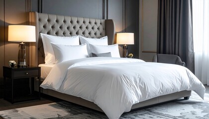 Elegant Bedroom with Luxurious Bedding and Contemporary Lighting Ambiance