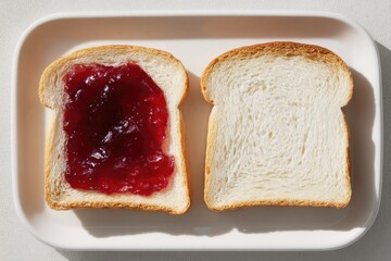 Two slices of bread, one with red jam