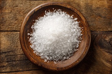 Pile of white salt in wooden bowl on rustic wood (1)