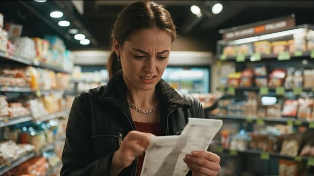 A concerned woman holding two receipts closely examines her expenses while standing in a supermarket aisle surrounded by shelves of packaged goods under fluorescent lighting
