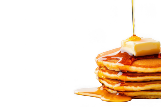 A stack of fluffy pancakes drizzled with golden syrup and topped with a pat of butter, perfect for breakfast or brunch.