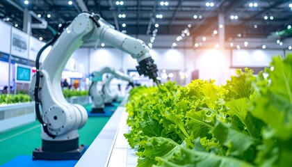 Robotic arm tending to vibrant lettuce plants in a modern agricultural exhibition hall with bright lighting