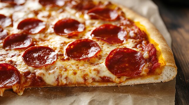 Delicious pepperoni pizza slice close up shot for restaurant menu and food blog recipe idea and inspiration