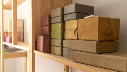 Wooden blocks stacked on a shelf.