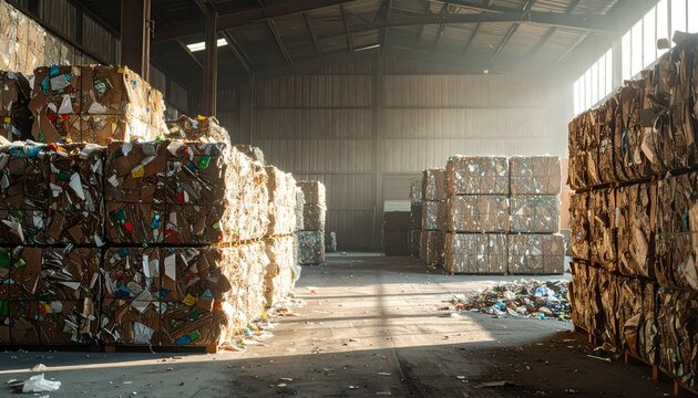 Stacks of compressed cardboard and plastic waste in a sunlit recycling facility, showcasing sustainability efforts - Powered by Adobe