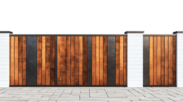 Modern composite fence with wood and metal mix, isolated on white background, architectural design concept