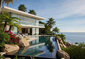 Modern luxury villa with infinity pool, stunning ocean views, and lush tropical gardens under a clear blue sky, a retreat.