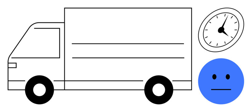 Box truck with clock and blue neutral face emphasizing timely delivery, transportation, and logistics planning. Ideal for shipping, scheduling, customer service, punctuality, operation management