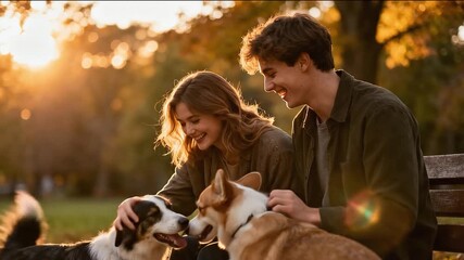 Happy young couple sitting on a bench in a park during golden hour, smiling and petting two dogs including a corgi and border collie surrounded by autumn trees - Powered by Adobe
