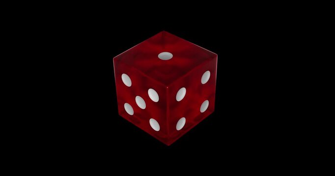 A red casino die with white dots on it, rotating and showing all its sides, isolated on a black background. The dice has a glassy material