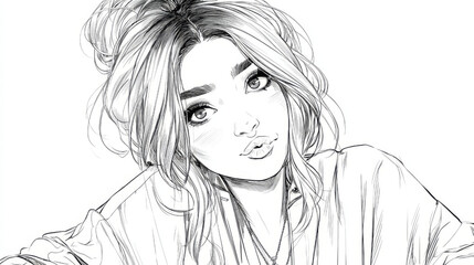 young woman, kiss face, captivating, sweet, Young woman making a kiss face, captivating and sweet, representing affection and charm, in black and white sketch style.
