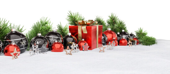 Isolated christmas decorations on snow. Golden and blue shiny baubles, ornaments, gifts and glossy stars. 3D rendering