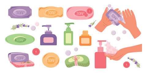 A large set of bar and liquid soap. Vector illustration of handmade soap, hand and body hygiene.