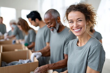 Diverse group volunteering at donation center: smiling adults packing boxes