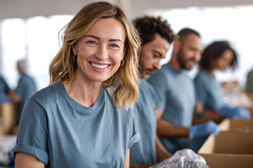 Female caucasian adult volunteer smiling in community service event with diverse team
