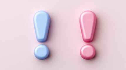 Two 3D exclamation marks, soft and textured, representing warning and emphasis, in pink and blue on a light background.