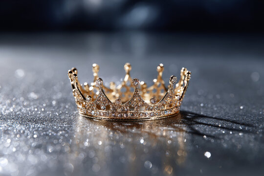 Elegant diamond-studded gold crown on reflective surface in dramatic lighting