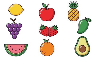 Set of Eight Cute Cartoon Fruit Illustrations