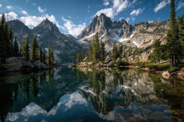 Fototapeta premium Serene mountain lake surrounded by lush trees and towering peaks reflecting nature's beauty in tranquil waters with a bright clear sky and soft white clouds for nature enthusiasts and travelers
