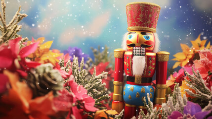 A vibrant nutcracker soldier in a festive winter wonderland, perfect for Christmas greetings, decor, and holiday celebrations conveying joy and whimsy.