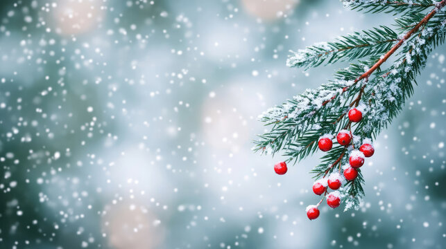 A fir branch with red berries against a snowy background, simple, snow, evergreen