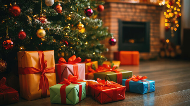 Presents wrapped in colorful paper and ribbons on the floor with a stunning Christmas tree, merry atmosphere, holiday decor, festive decor