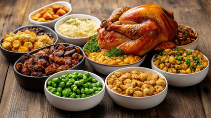 traditional thanksgiving dinner, food photo of bowls filled with thanks giving meal with roast turkey and other foods on a wooden table