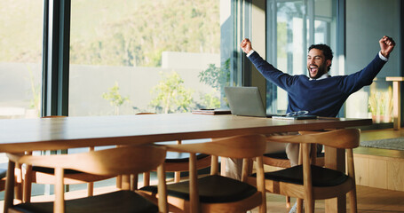 Excited, businessman and winning with laptop, good news or accomplishment for promotion in office. Happy man, fist pump or smile with celebration or computer for bonus salary or business success