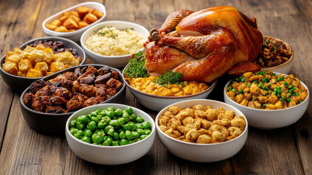 traditional thanksgiving dinner, food photo of bowls filled with thanks giving meal with roast turkey and other foods on a wooden table - Powered by Adobe