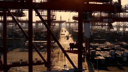 Unloading large cargo containers seaport. Loading freight sea port. Top aerial drone view. Lot big boxes rows, ship delivery ocean harbor. Industrial Shipping day. Goods export import. Marine dock.