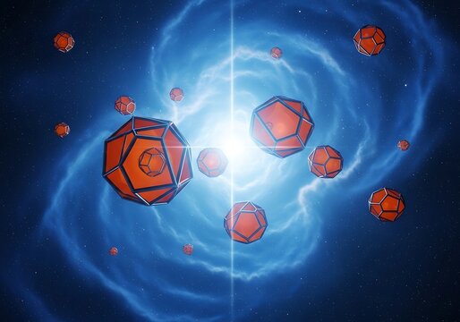 Abstract formation with floating icosahedrons and celestial background