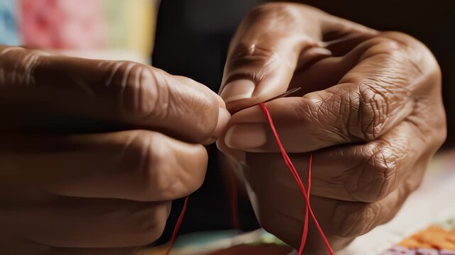 Close Up of Person's Hands Threading a Needle for Sewing