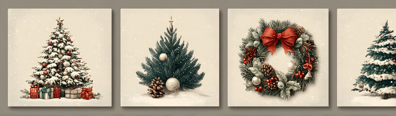 Fototapeta premium Set Christmas cards with Christmas tree, wreath, christmas elements. Vector illustrations