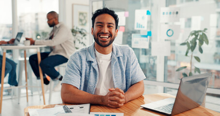 Paperwork, business man or happy with laptop in office for campaign oversight, KPI data or coworking. Marketing manager, portrait or chart for brand performance, project management or website traffic