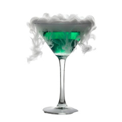 Vibrant green cocktail in a martini glass with overflowing smoke.