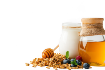 Delicious breakfast setup with honey, yogurt, granola, and fresh berries for a healthy start to your day.