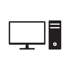 Desktop computer icon with monitor and tower, PC silhouette vector symbol, isolated on white background
