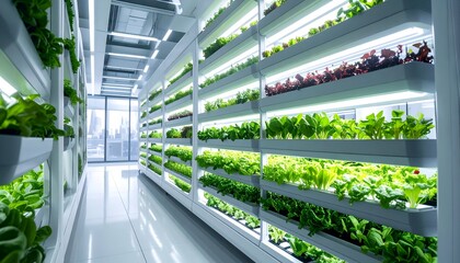 Indoor vertical farm showcasing vibrant green lettuce and herbs under bright LED lights in a modern setting