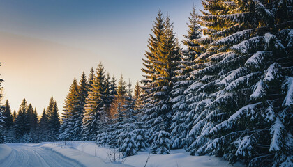 Snowy Pine Forest Morning Light