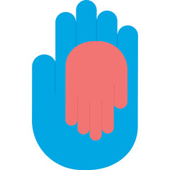 Stylized Graphic Icon Representing Support and Care With A Large Blue Hand Cupping A Smaller Coral Hand Against A Transparent Background