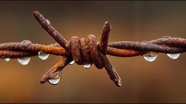Close-up of rusted barbed wire with water droplets