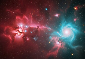 Cosmic tapestry depicting celestial objects in radiant hues and interstellar dust