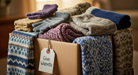 Give warmth with donation box filled with cozy knitwear, providing comfort and support. Give warmth donating gloves, hats, and scarves for charity drive in fall or winter.