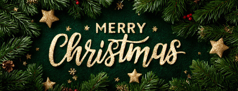 Merry Christmas and Happy New Year background for Greeting cards with tree Branches christmas tree gold paper and gold stars.Merry Christmas vector text Calligraphic Lettering Vector illustration.