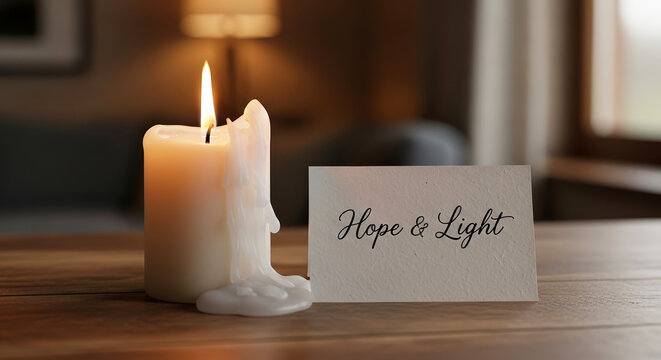Hope and light radiates from candle on table near greeting card with a message. Hope and light fill scene, symbolising guidance, inspiration, and encouragement in dark times.
