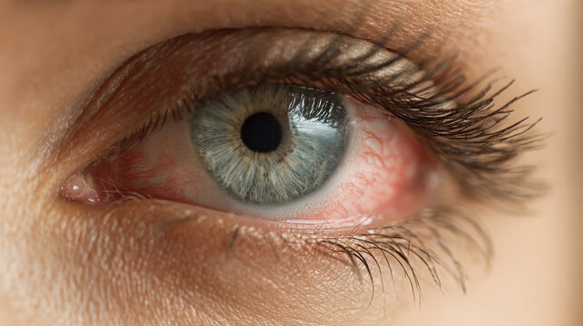 Close up of a human eye with red bloodshot veins showing irritation and conjunctivitis infection