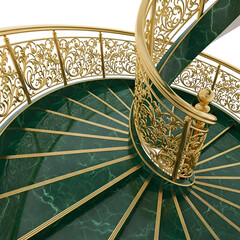 Elegant Spiral Staircase with Green Marble and Gold Railing.